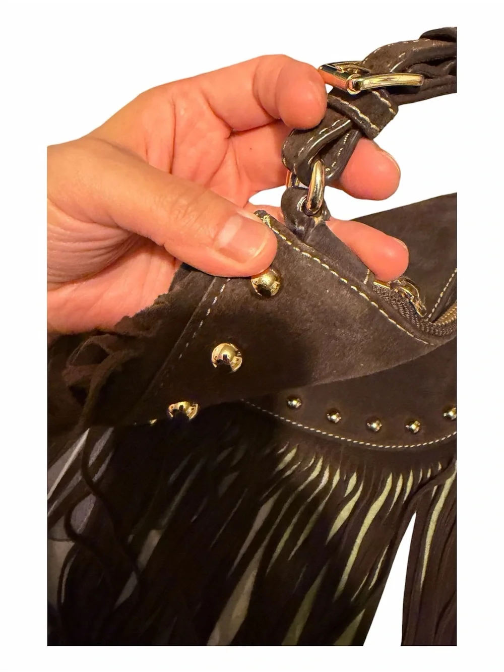 Michael Kors Brown Suede Fringe Crossbody with Gold MK Charm